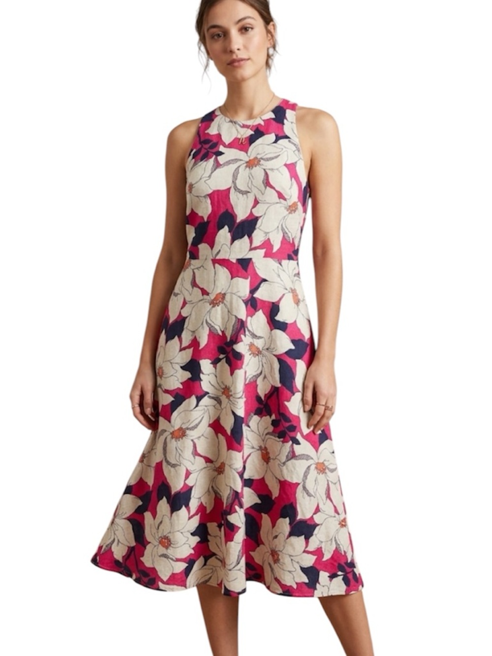 Ann Taylor Hibiscus Floral Linen Blend Midi Dress